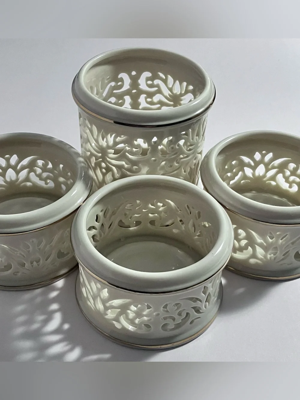 4 LENOX ILLUMINATIONS Pierced VOTIVE CANDLE HOLDERS / Elegant IVORY BONE CHINA